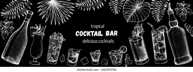 Alcoholic cocktails hand drawn vector illustration. Hand drawn sketch. Cocktails and palm leaves set. Menu design elements. Summer bar menu.