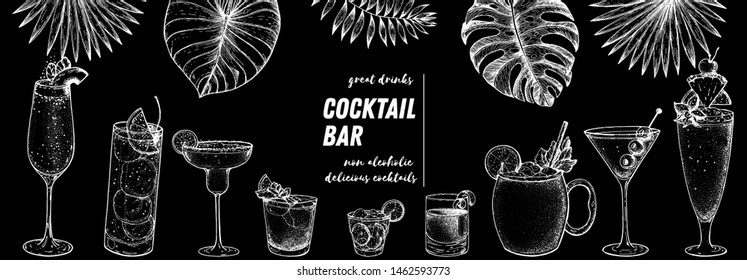 Alcoholic cocktails hand drawn vector illustration. Hand drawn sketch. Cocktails and palm leaves set. Menu design elements. Summer bar menu.