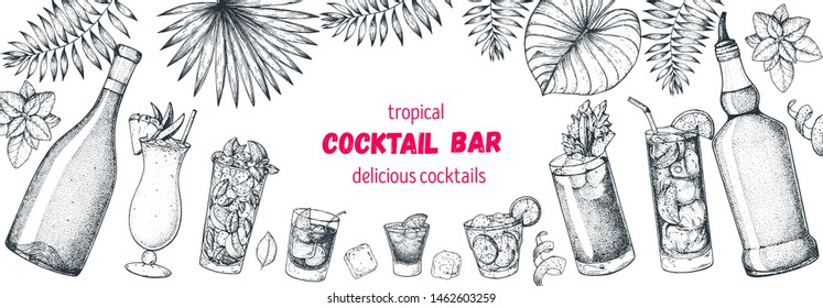 Alcoholic cocktails hand drawn vector illustration. Hand drawn sketch. Cocktails and palm leaves set. Menu design elements. Summer bar menu.