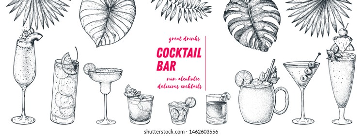 Alcoholic cocktails hand drawn vector illustration. Hand drawn sketch. Cocktails and palm leaves set. Menu design elements. Summer bar menu.