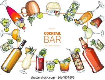 Alcoholic cocktails hand drawn vector illustration. Cocktails set. Bar menu design elements. 