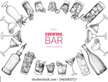 Alcoholic cocktails hand drawn vector illustration. Cocktails set. Bar menu design elements. Hand drawn sketch collection. 