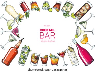 Alcoholic cocktails hand drawn vector illustration. Cocktails set. Bar menu design elements. Hand drawn collection.
