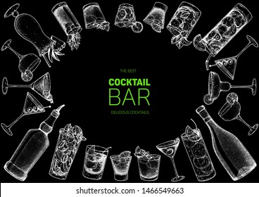 Alcoholic cocktails hand drawn vector illustration. Cocktails set. Bar menu design elements. Hand drawn sketch collection. 