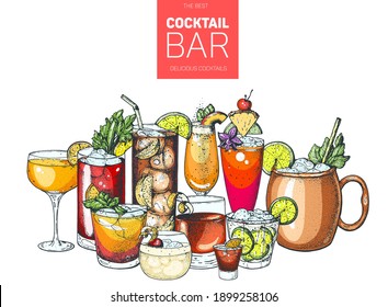 Alcoholic cocktails hand drawn vector illustration. Hand drawn drinks illustration. Cocktails set. Menu design elements.