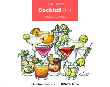 Alcoholic cocktails hand drawn vector illustration. Hand drawn drinks illustration. Cocktails set. Menu design elements.