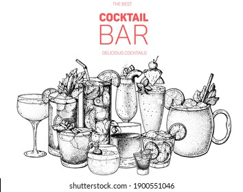 Alcoholic cocktails hand drawn vector illustration. Sketch illustration. Hand drawn drinks illustration. Cocktails set. Menu design elements.