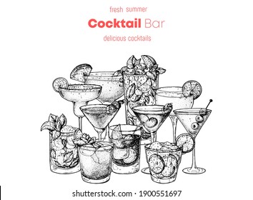 Alkoholische Cocktails, handgezeichnet, Vektorgrafik. Sketch-Illustration. Illustration von handgezeichneten Getränken. Cocktails Set. Menüdesign-Elemente.