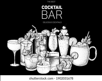 Alcoholic cocktails hand drawn vector illustration. Sketch illustration. Hand drawn drinks illustration. Cocktails set. Menu design elements.