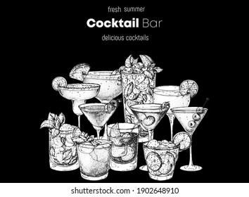 Alcoholic cocktails hand drawn vector illustration. Sketch illustration. Hand drawn drinks illustration. Cocktails set. Menu design elements.