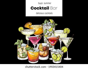 Alcoholic cocktails hand drawn vector illustration. Hand drawn drinks illustration. Cocktails set. Menu design elements.