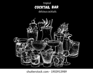 Alcoholic cocktails hand drawn vector illustration. Sketch illustration. Hand drawn drinks illustration. Cocktails set. Menu design elements.