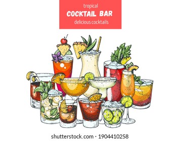 Cócteles alcohólicos. Ilustración vectorial dibujada a mano. Ilustración de bebidas dibujadas a mano. Cócteles. Elementos de diseño de menú.