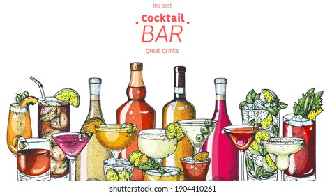 Alcoholic cocktails hand drawn vector illustration. Hand drawn drinks illustration. Cocktails set. Menu design elements.	