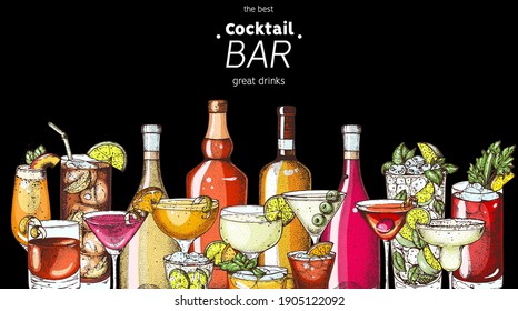 Alcoholic cocktails hand drawn vector illustration. Hand drawn drinks illustration. Cocktails set. Menu design elements.