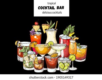 Alcoholic cocktails. Hand drawn vector illustration. Hand drawn drinks illustration. Cocktails set. Menu design elements.