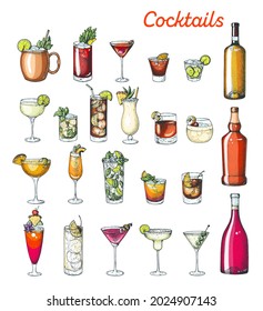 Alcoholic cocktails hand drawn vector illustration. Colorful set. Cognac, brandy, vodka, tequila, whiskey, champagne, wine, margarita cocktails. Bottle and glass