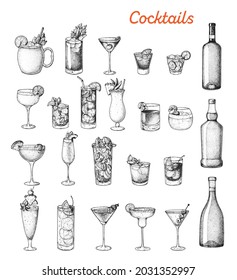 Alcoholic cocktails hand drawn vector illustration. Sketch set. Cognac, brandy, vodka, tequila, whiskey, champagne, wine, margarita cocktails. Bottle and glass