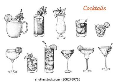 Alcoholic Cocktails Hand Drawn Vector Illustration. Sketch Set. Moscow Mule, Bloody Mary, Pina Colada, Old Fashioned, Caipiroska, Daiquiri, Mint Julep, Long Island Iced Tea, Manhattan, Margarita