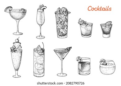 Alcoholic cocktails hand drawn vector illustration. Cocktails sketch set. Engraved style. Sidecar, bellini, mojito, mai tai, negroni, singapore sling, tom collins, cosmopolitan, sazerac whisky sour