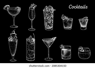 Cócteles alcohólicos dibujados a mano ilustraciones vectoriales. Esbozo de cócteles. Estilo grabado. Sidecar, bellini, mojito, mai tai, negroni, singapur sling, tom collins, cosmopolita, sazerac whisky sour