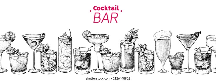 Alcoholic cocktails hand drawn vector illustration. Cocktails set. Bar menu design elements. Hand drawn sketch collection. Horizontal seamless background.