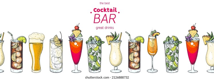 Alcoholic cocktails hand drawn vector illustration. Cocktails set. Bar menu design elements. Hand drawn collection. Horizontal seamless illustration.