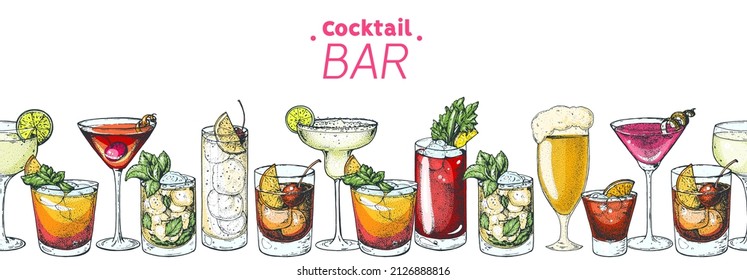 Alkoholische Cocktails, handgezeichnet, Vektorgrafik. Cocktails Set. Gestaltungselemente für Barmenüs. Handgezeichnete Kollektion. Horizontale nahtlose Illustration.