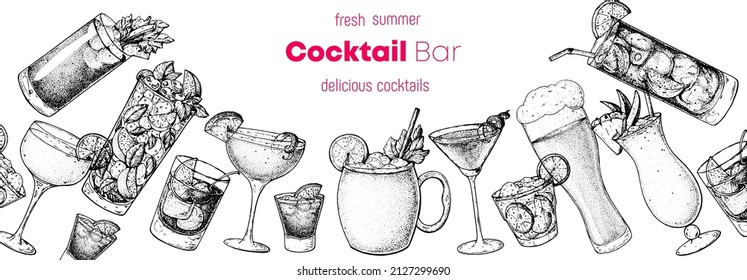 Alcoholic cocktails hand drawn vector illustration. Cocktails set. Bar menu design elements. Hand drawn sketch collection.