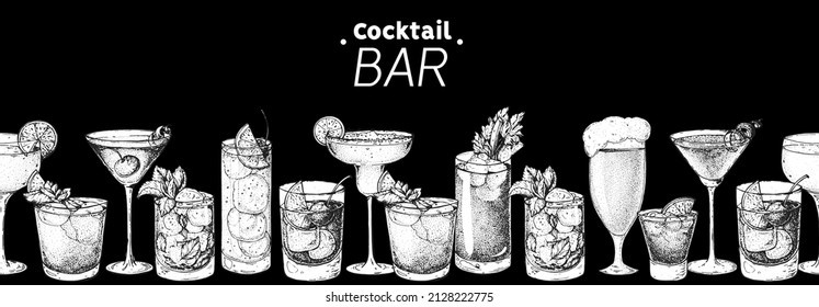 Alcoholic cocktails hand drawn vector illustration. Cocktails set. Bar menu design elements. Hand drawn sketch collection. Horizontal seamless background.