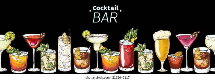 Alcoholic cocktails hand drawn vector illustration. Cocktails set. Bar menu design elements. Hand drawn collection. Horizontal seamless illustration.