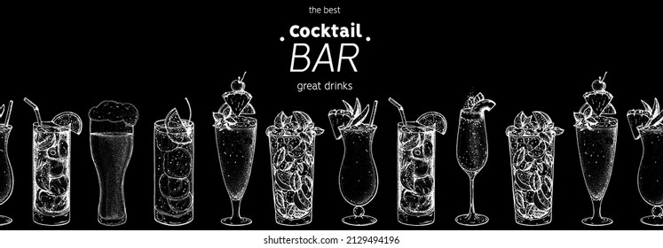 Alcoholic cocktails hand drawn vector illustration. Cocktails set. Bar menu design elements. Hand drawn sketch collection.