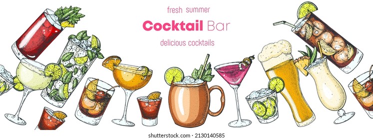 Alcoholic cocktails hand drawn vector illustration. Cocktails set. Bar menu design elements. Hand drawn collection