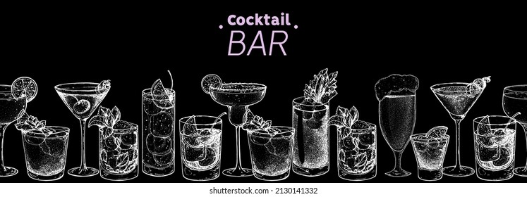 Alcoholic cocktails hand drawn vector illustration. Cocktails set. Bar menu design elements. Hand drawn sketch collection. Horizontal seamless background.