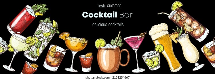 Alcoholic cocktails hand drawn vector illustration. Cocktails set. Bar menu design elements. Hand drawn collection