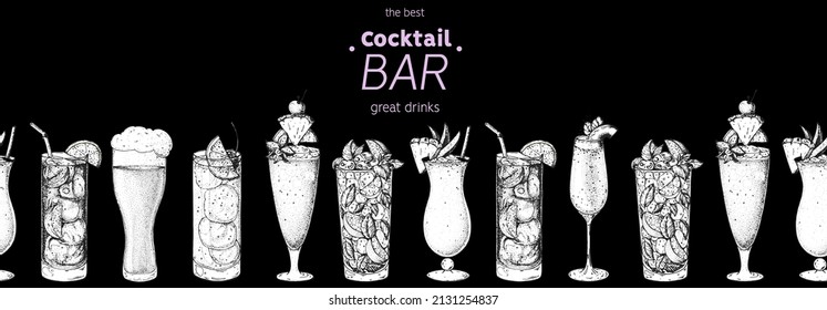 Alcoholic cocktails hand drawn vector illustration. Cocktails set. Bar menu design elements. Hand drawn sketch collection.