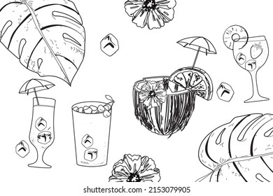 Alcoholic cocktails hand drawn vector illustration. Cocktail sketches set. Engraved style. Tropical collection. Singapore, piña colada, mojito, coconut cocktail, margarita.