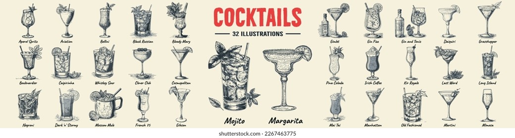 Alcoholic cocktails hand drawn vector illustration. Sketch set. Moscow mule, bloody mary, pina colada, mojito, margarita, daiquiri, Mimosa, long island iced tea, Bellini, margarita.