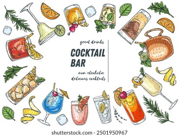 Alcoholic cocktails hand drawn vector illustration. Cocktails sketch set. Engraved style