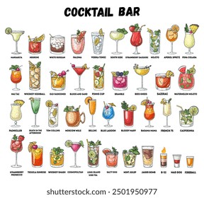 Alcoholic cocktails hand drawn vector illustration. Sketch set. Cognac, brandy, vodka, tequila, whiskey, champagne, wine margarita cocktails Bottle and glass