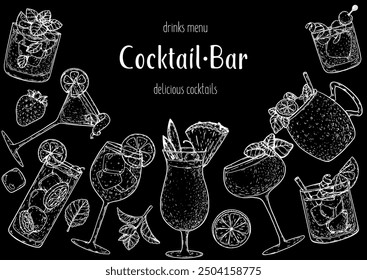 Alcoholic cocktails hand drawn vector illustration. Cocktails sketch set. Engraved style