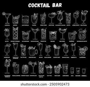 Alcoholic cocktails hand drawn vector illustration. Sketch set. Cognac, brandy, vodka, tequila, whiskey, champagne, wine margarita cocktails Bottle and glass