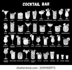 Coquetéis alcoólicos desenhados à mão ilustração vetorial. Conjunto de esboços. Conhaque, conhaque, vodka, tequila, uísque, champanhe, vinho margarita cocktails Garrafa e vidro