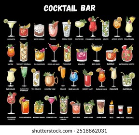 Alcoholic cocktails hand drawn vector illustration. Sketch set. Cognac, brandy, vodka, tequila, whiskey, champagne, wine margarita cocktails Bottle and glass