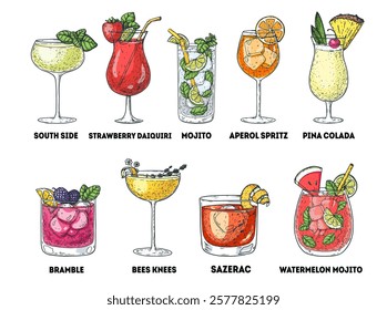 Alcoholic cocktails hand drawn vector illustration. Cocktail glass set. Cognac, brandy, vodka, tequila, whiskey, champagne, wine cocktails.