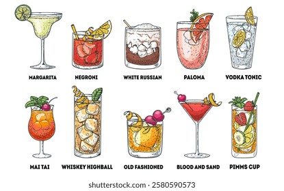 Alcoholic cocktails hand drawn vector illustration. Cocktail glass set. Cognac, brandy, vodka, tequila, whiskey, champagne, wine cocktails.