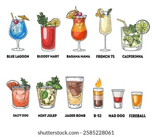 Alcoholic cocktails hand drawn vector illustration. Cocktail glass set. Cognac, brandy, vodka, tequila, whiskey, champagne, wine cocktails