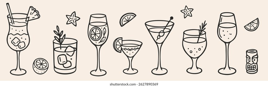 Alcoholic cocktails hand drawn vector doodle illustration. Sketch set. Italian style wedding dinner icons.