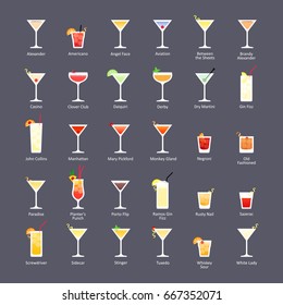 Alcoholic cocktails, IBA official cocktails The Unforgettables. Icons set in flat style on dark background. Vector