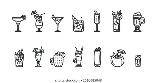 Conjunto de ícone de coquetéis alcoólicos. Margarita, café irlandês, margarita, martini, cosmopolitan, mojito etc.